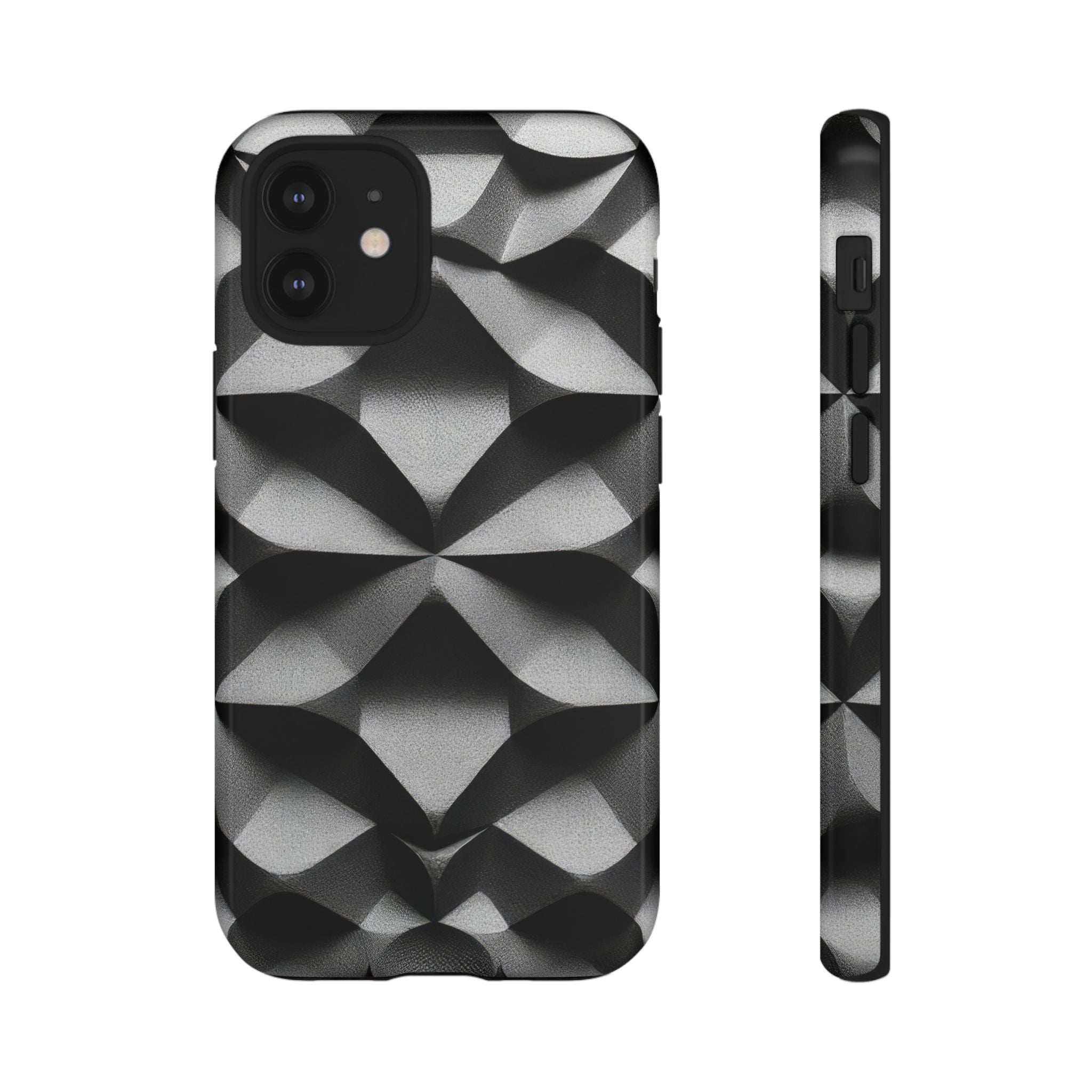 Tough phone case with black and silver geometric diamond pattern, front and side buttons