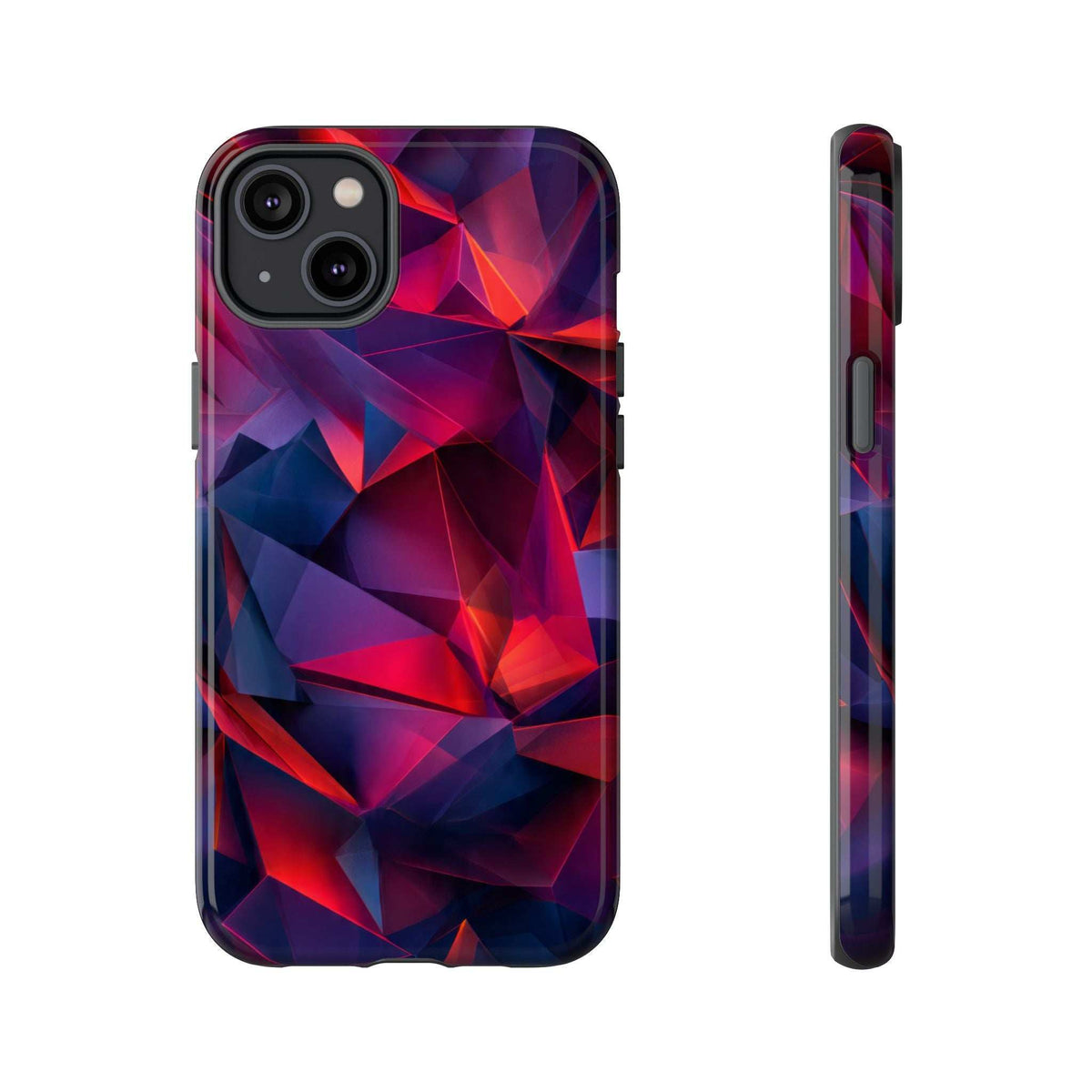 Glossy phone case with red and blue faceted prism design; side button cutouts