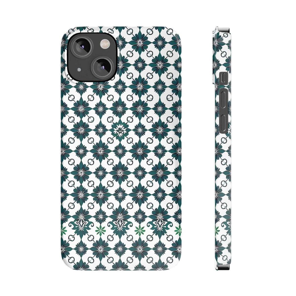 Phone case with white-and-teal geometric floral print and matching side strap loop