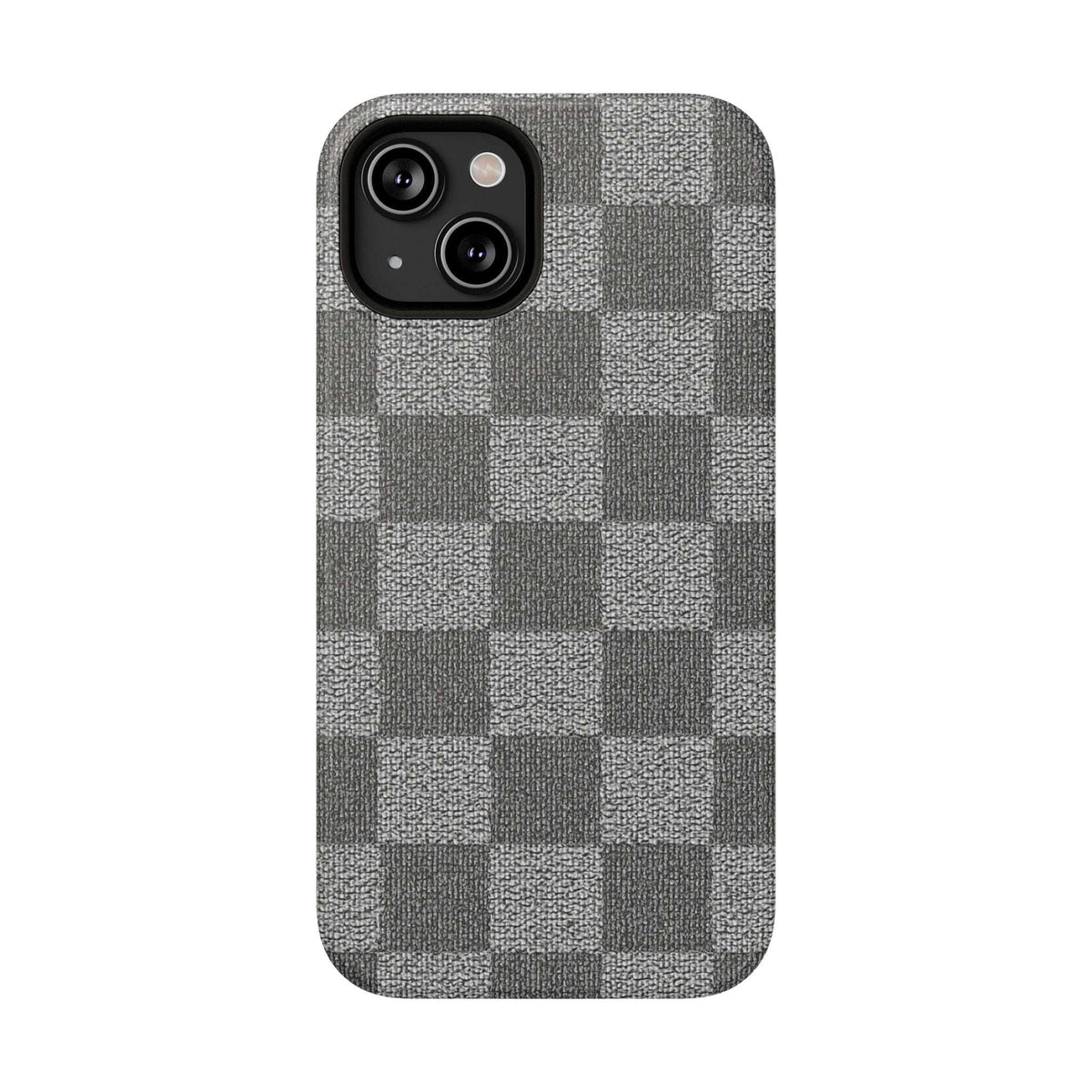 Gray checkered phone case with fabric texture; dual camera openings on rear panel