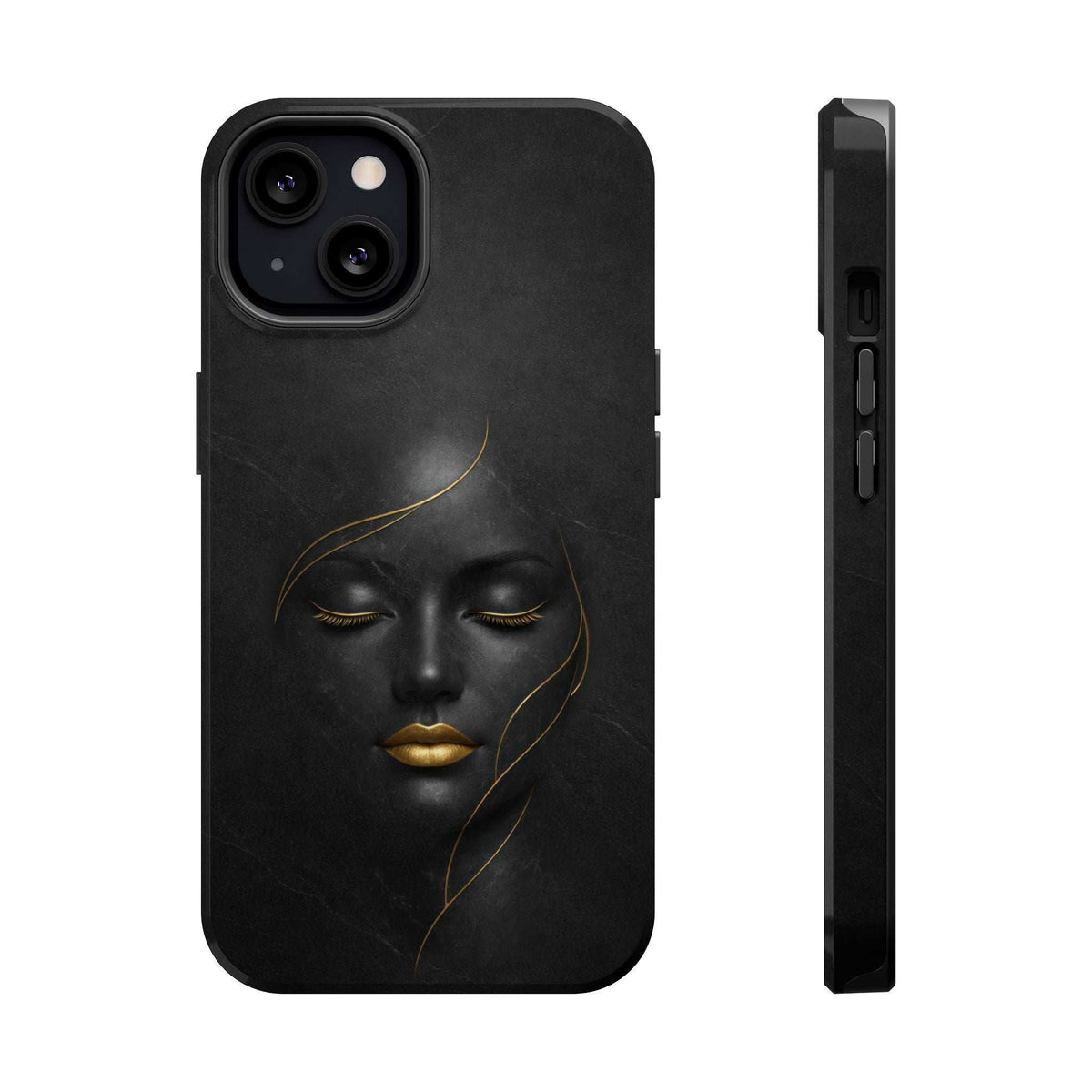 Black iPhone phone case with gold face design; side view shows button cutouts