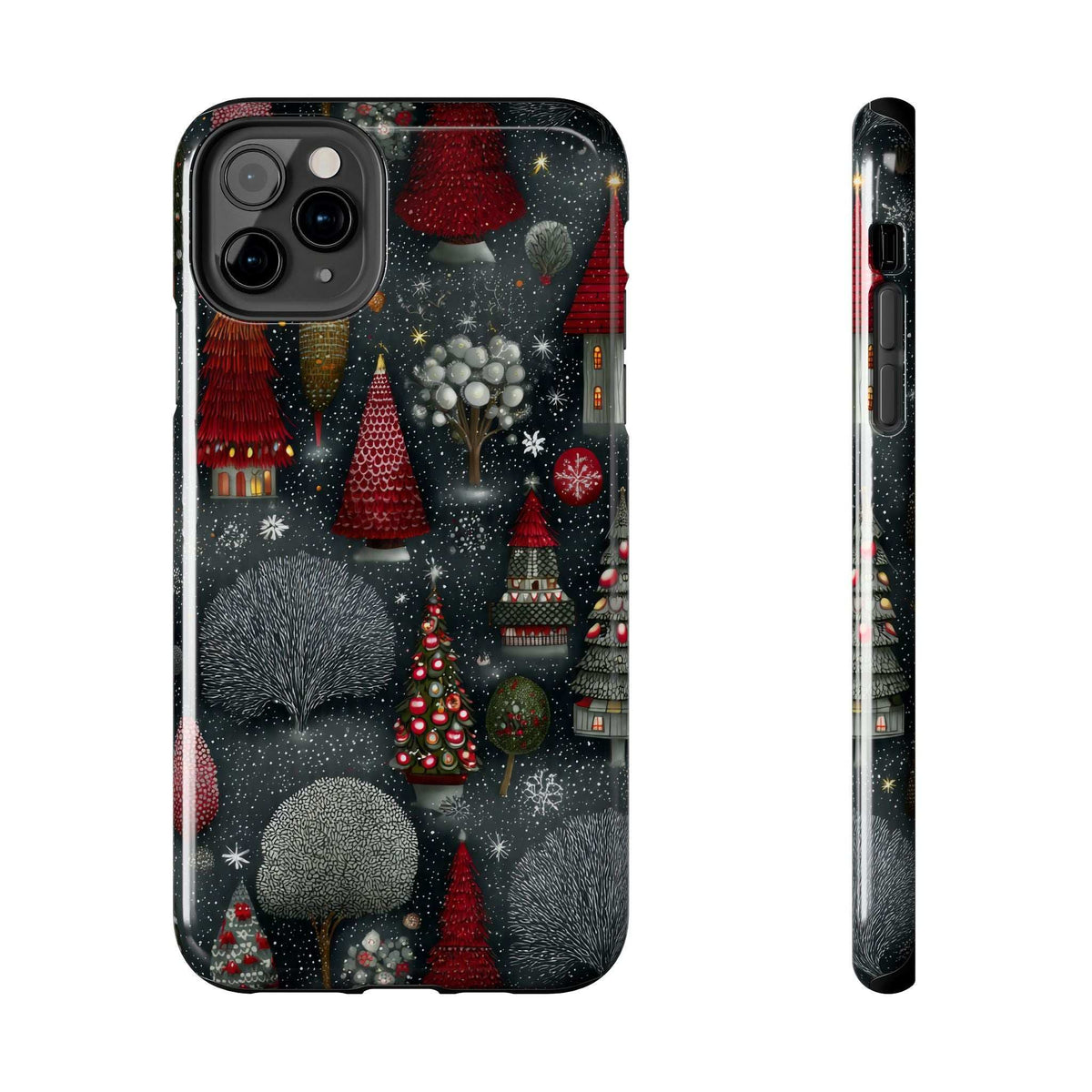 Winter forest themed phone case with frosted fir trees, red ornaments, and snow