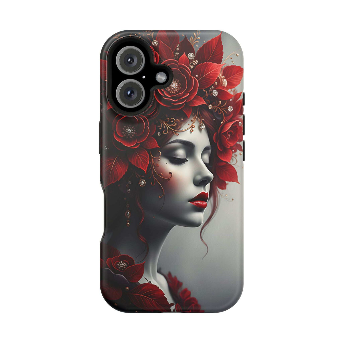 Portrait phone case for iPhone 13-17 with red roses framing a woman face in profile