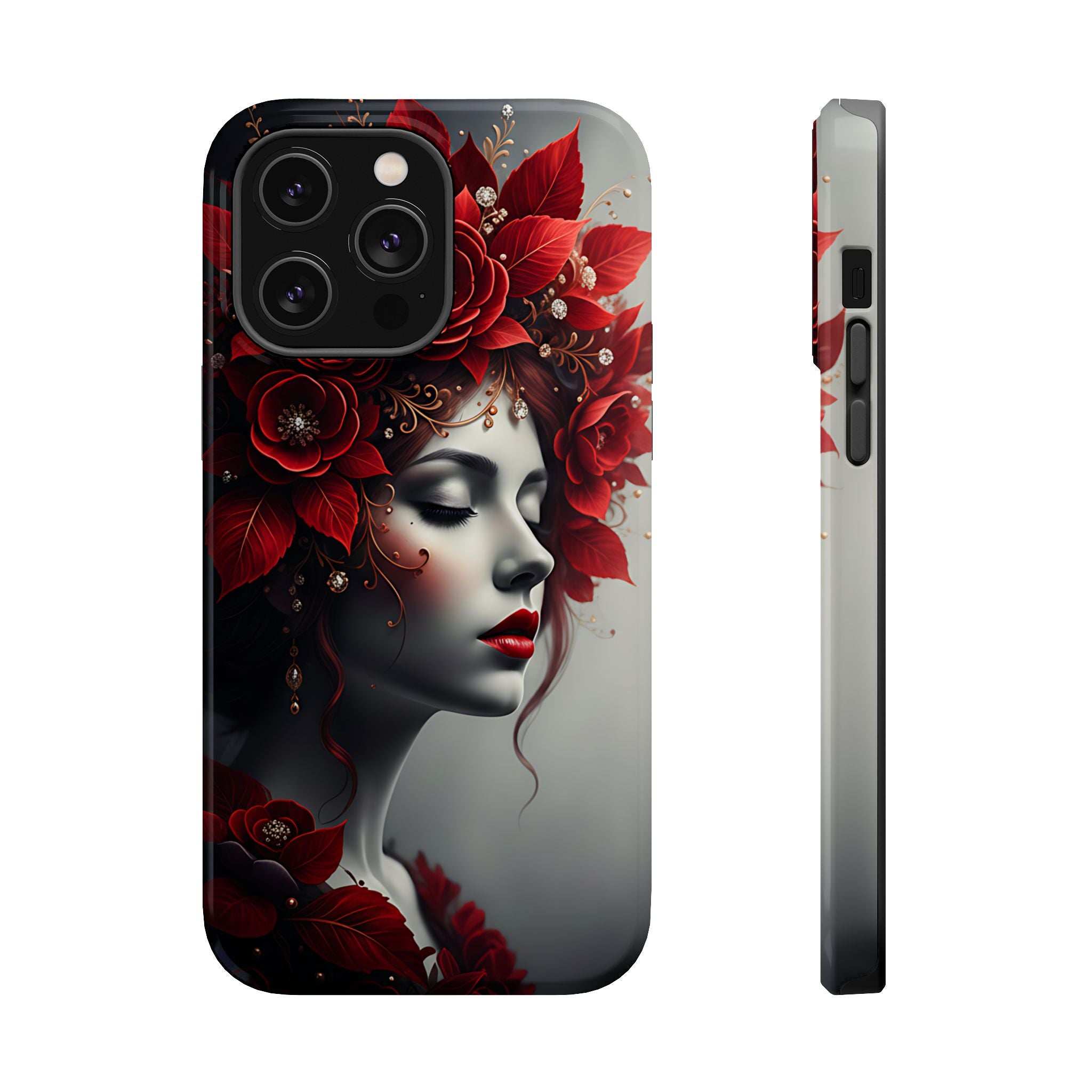 Front and edge view of phone case with red rose woman portrait design