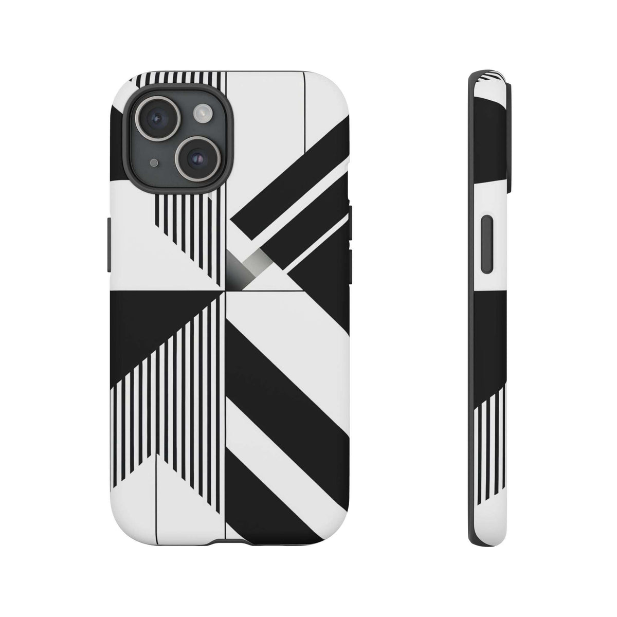 Tough phone case with black-and-white geometric pattern and rear camera cutouts