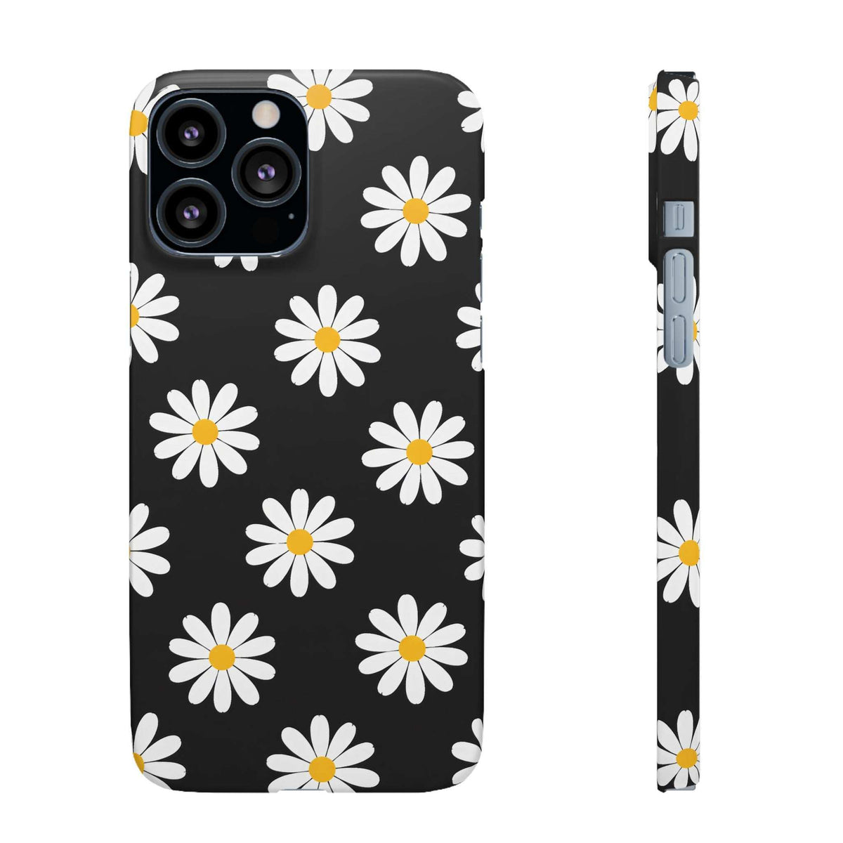 Black phone case with white daisies and yellow centers; camera cutouts on back.