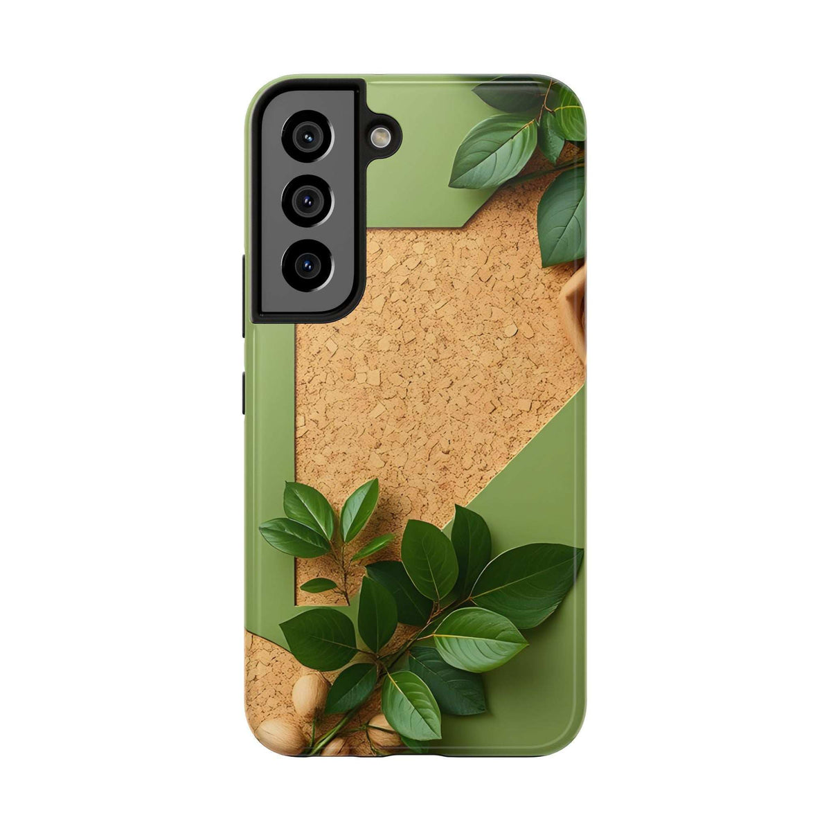 Olive green phone case featuring cork-look texture and green leaf artwork; camera cutout