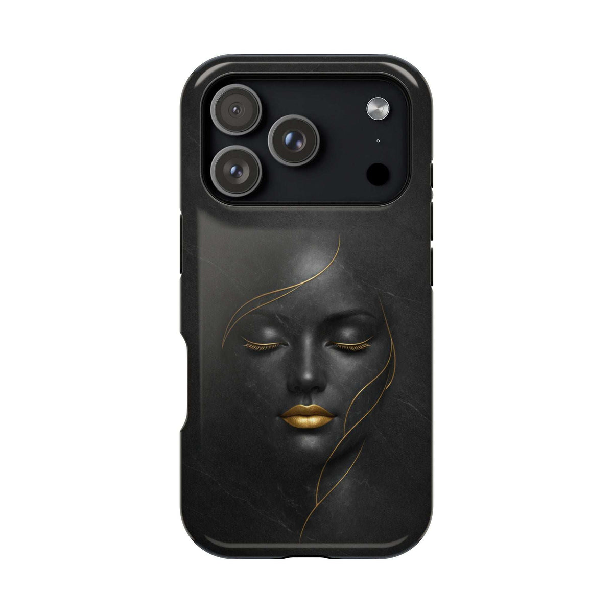 Black smartphone case with gold face artwork and openings for triple camera lenses