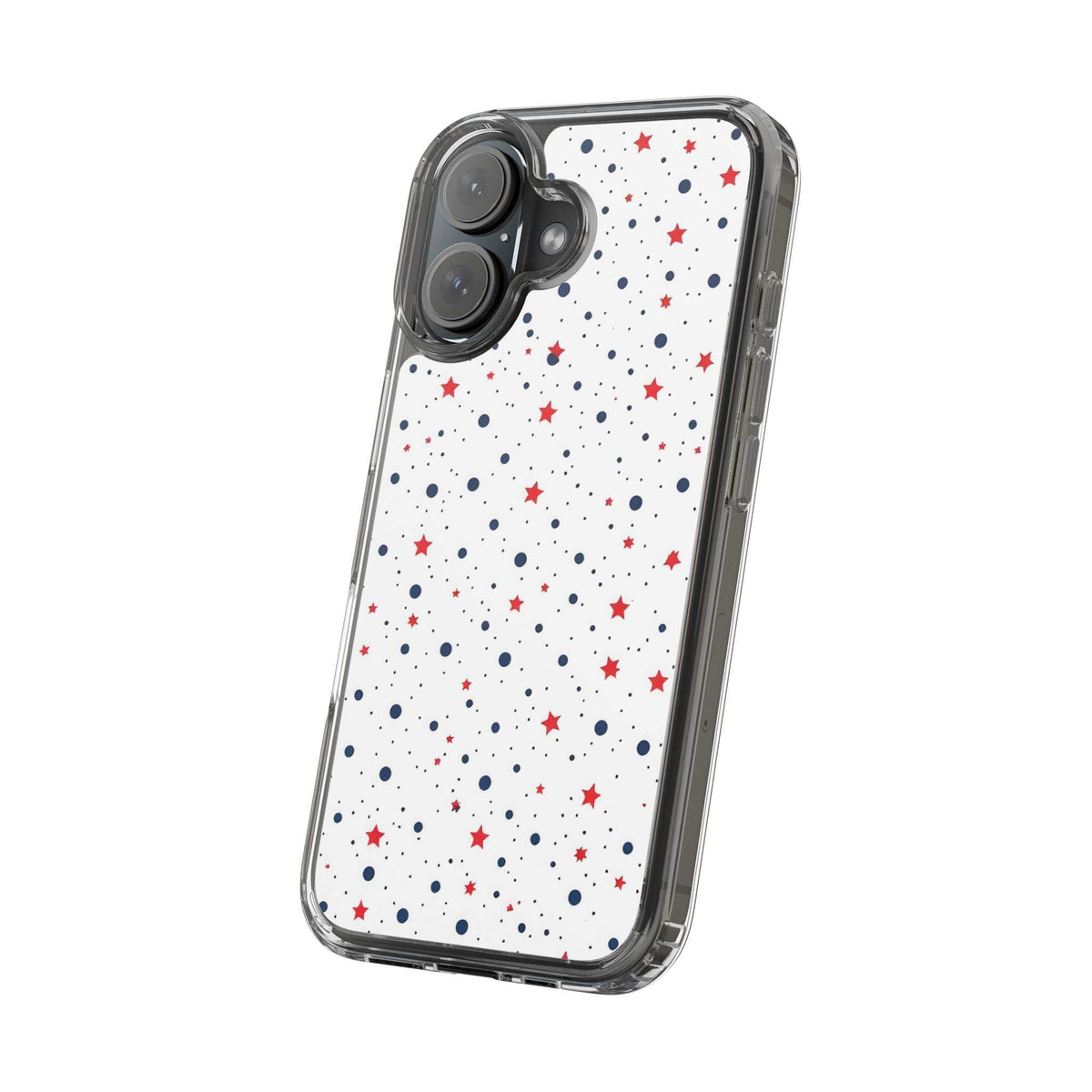 Clear phone case with red stars and blue dots on white; angled back with camera cutouts