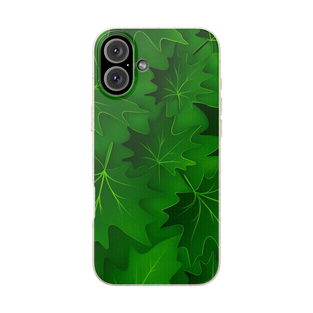 Green botanical leaf phone case with camera cutout and raised edges