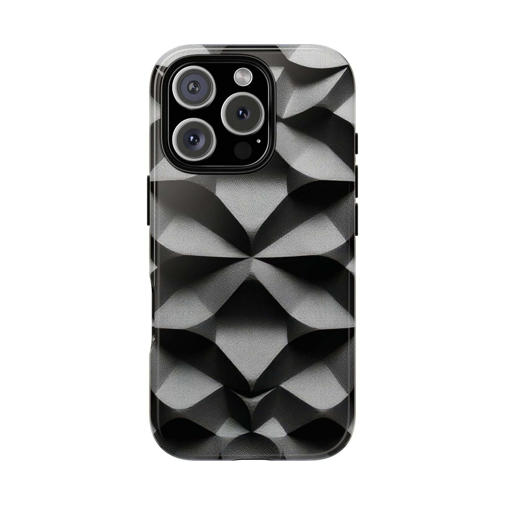 Rugged phone case with black and gray geometric pattern; camera bezel with cutouts