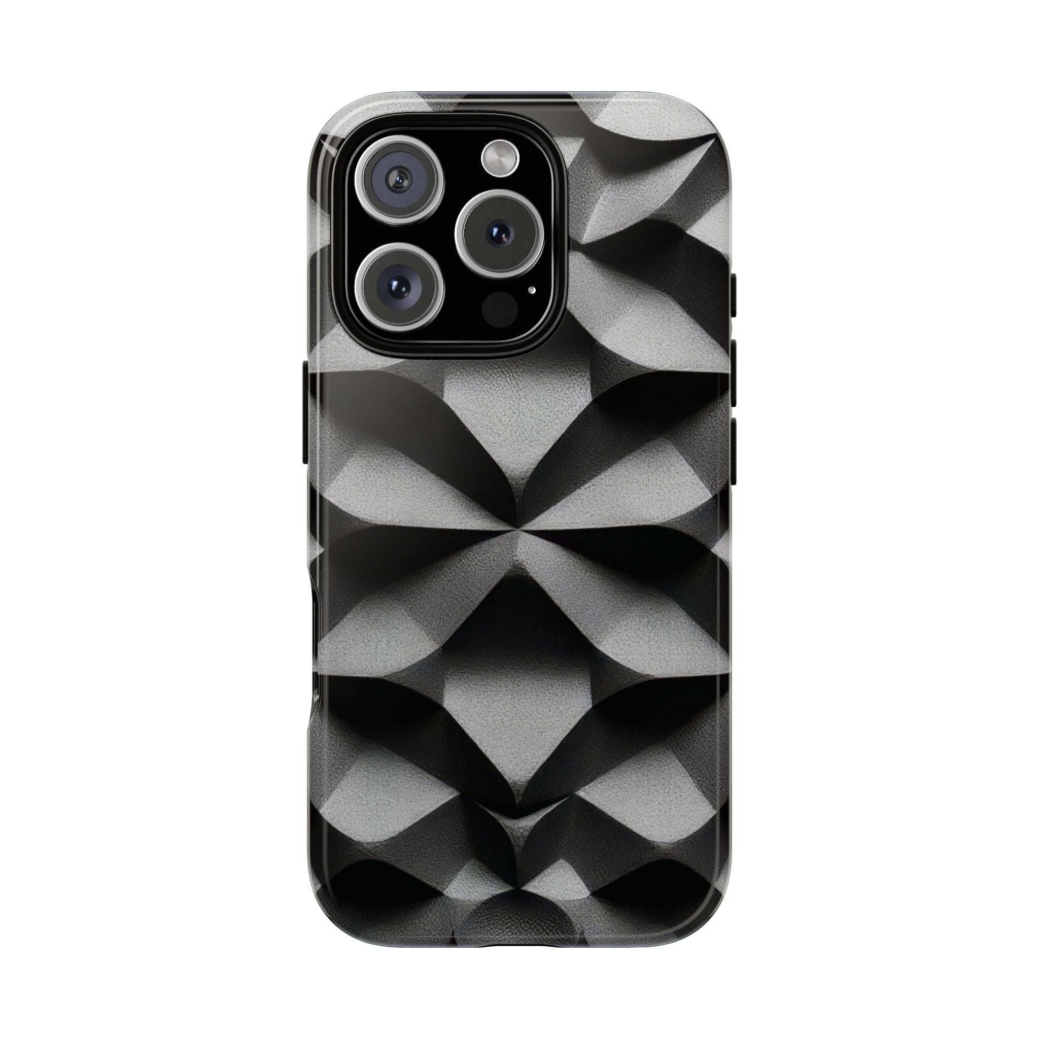 Rugged phone case with black and gray geometric pattern; camera bezel with cutouts