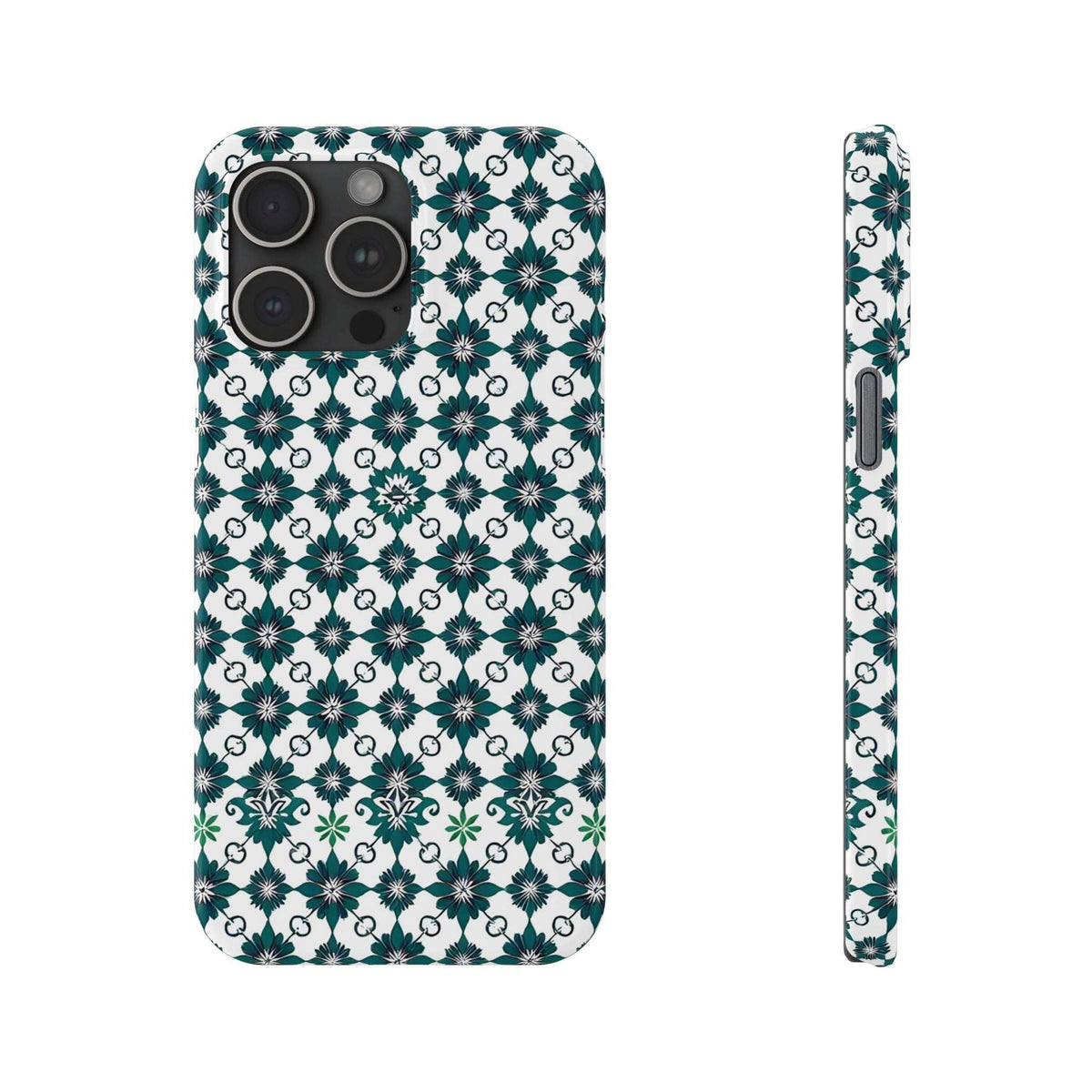 Phone case with white base and teal geometric floral print; slim side strap shown