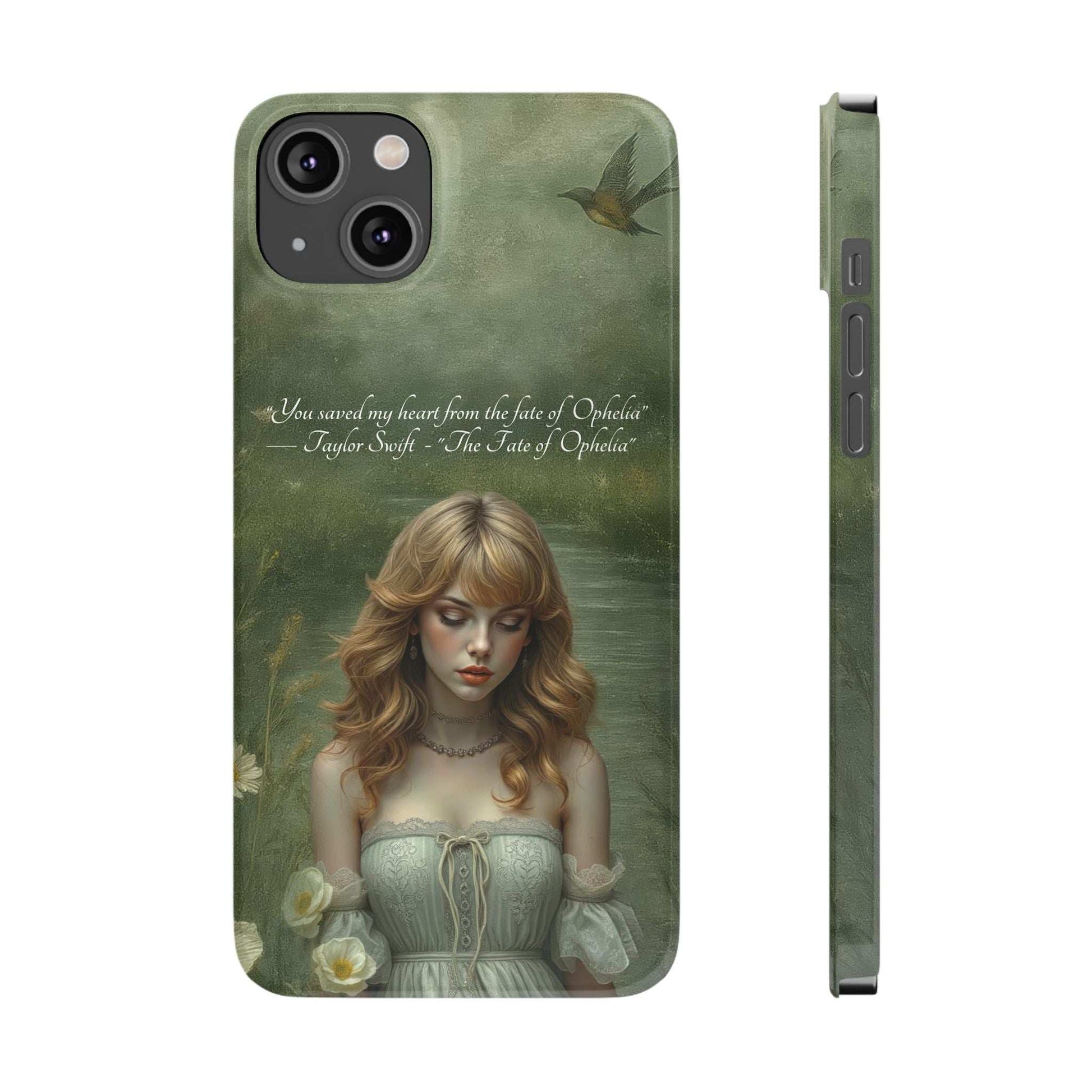 Green fantasy phone case with blonde woman, flowers at bottom, and slim side profile