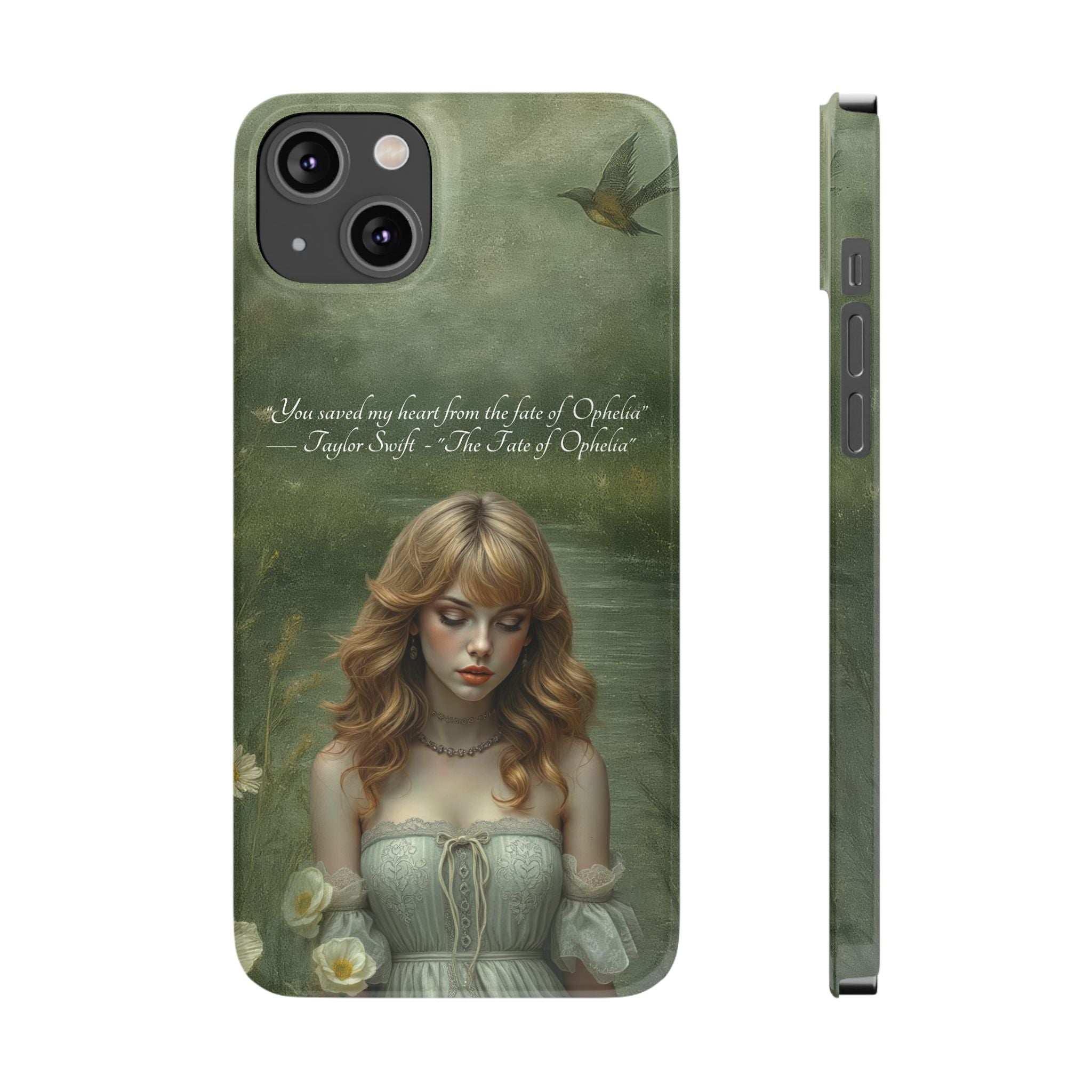 Green fantasy phone case with blonde woman, flowers at bottom, and slim side profile