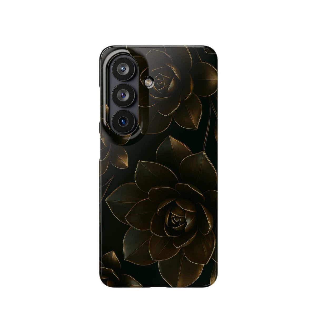 Glossy black phone case with gold rose design across the back panel