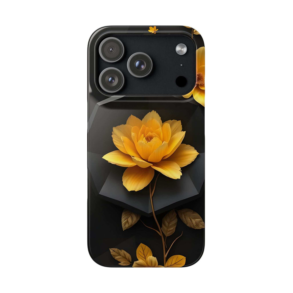 Black phone case with yellow floral artwork and leaf border, camera lenses visible