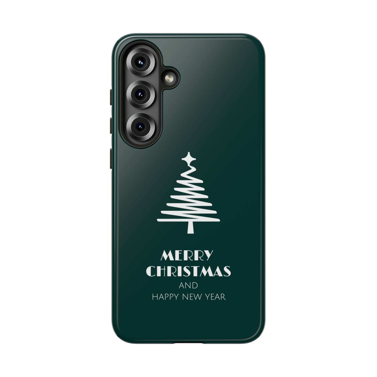 Green holiday phone case with tree graphic, Merry Christmas text, and camera openings