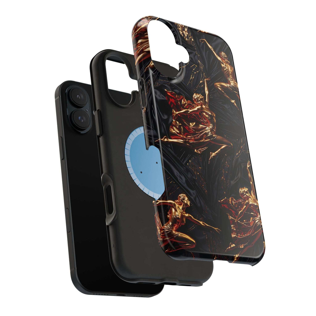 Black phone case with gold sculpture artwork, angled view with front cutout and camera