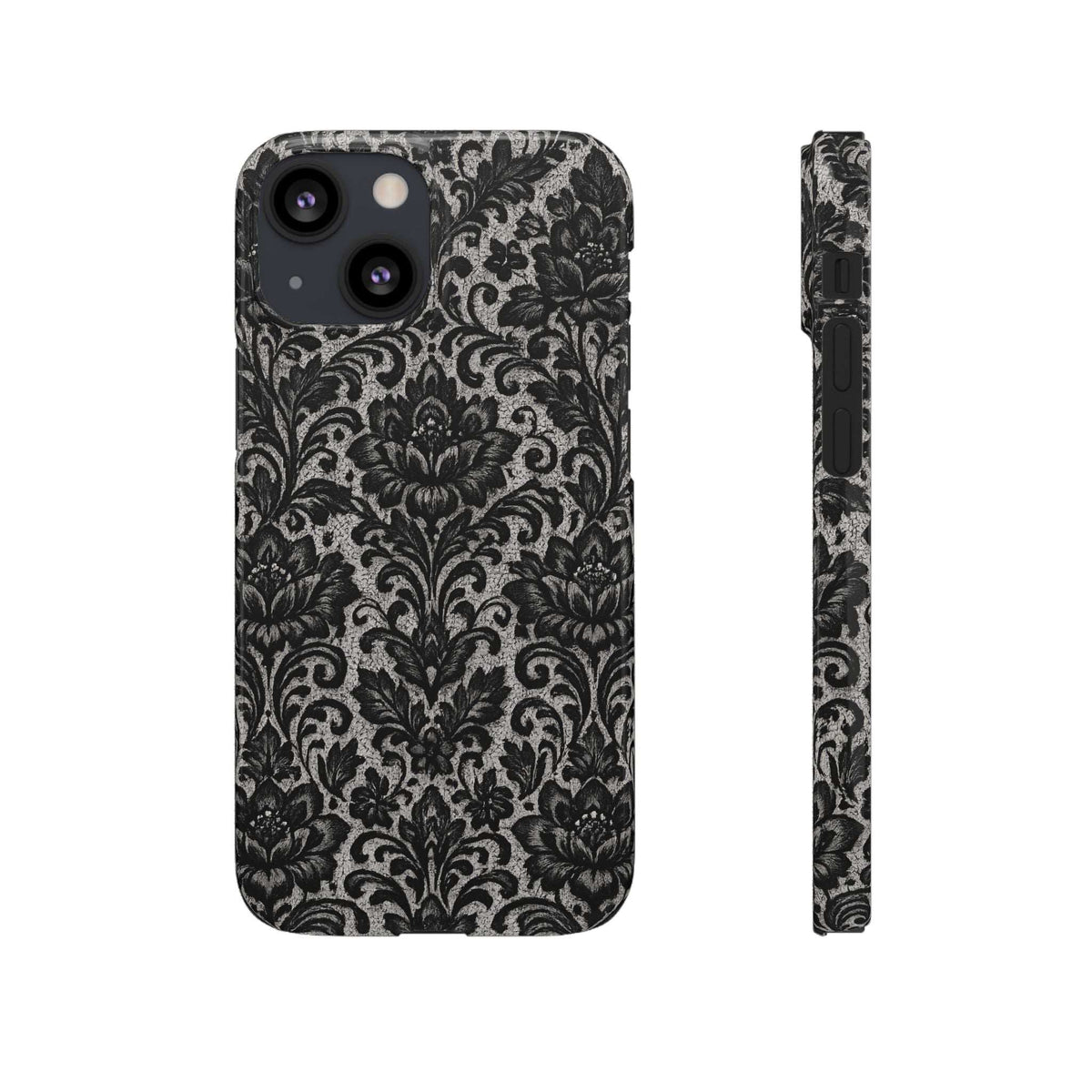 Black damask floral phone case with matte-looking finish and centered damask design