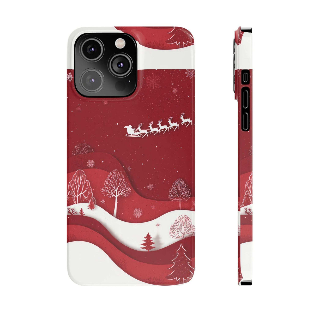 Red holiday phone case featuring sleigh team, snow hills, and trees; front and side view.