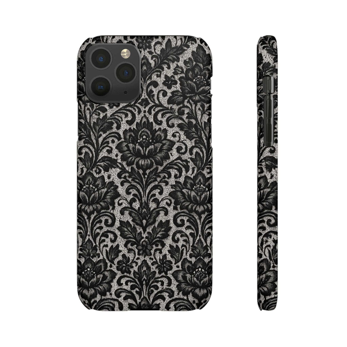 Damask floral phone case front view with camera cutouts, black and gray ornate pattern