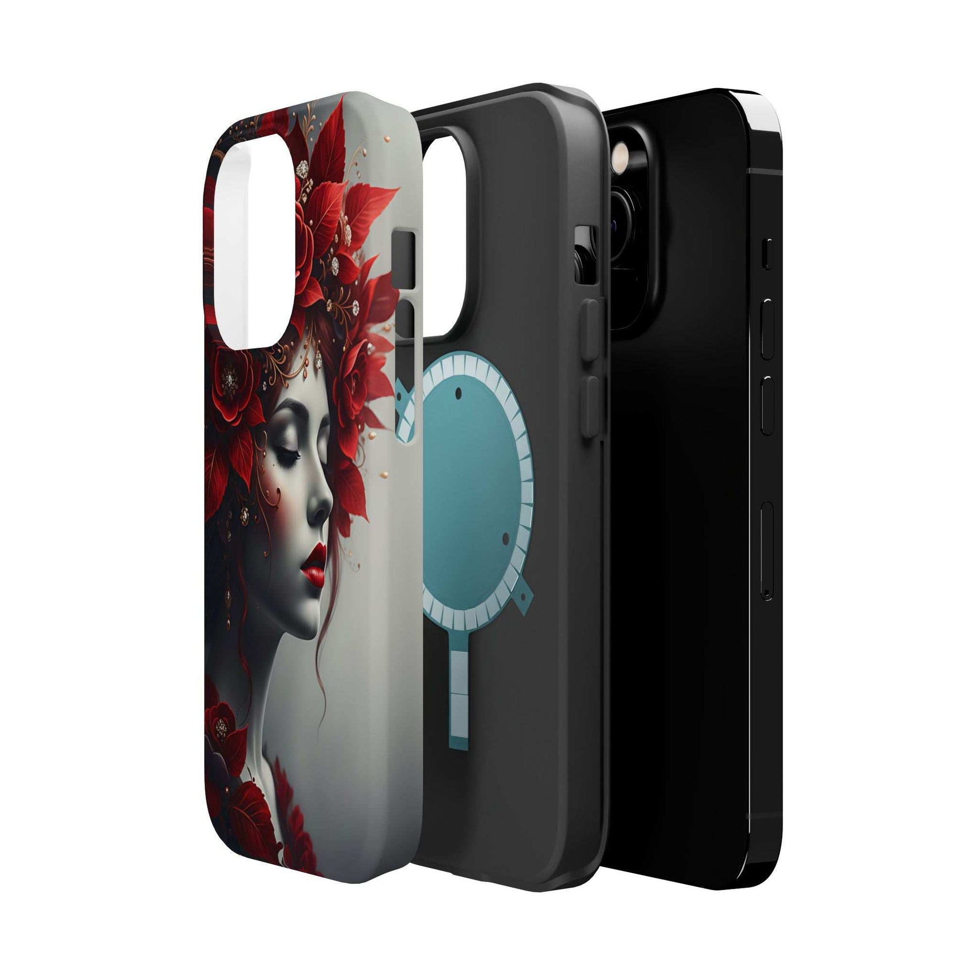 Phone case portrait artwork: red floral and woman's face, raised camera and flash cutout