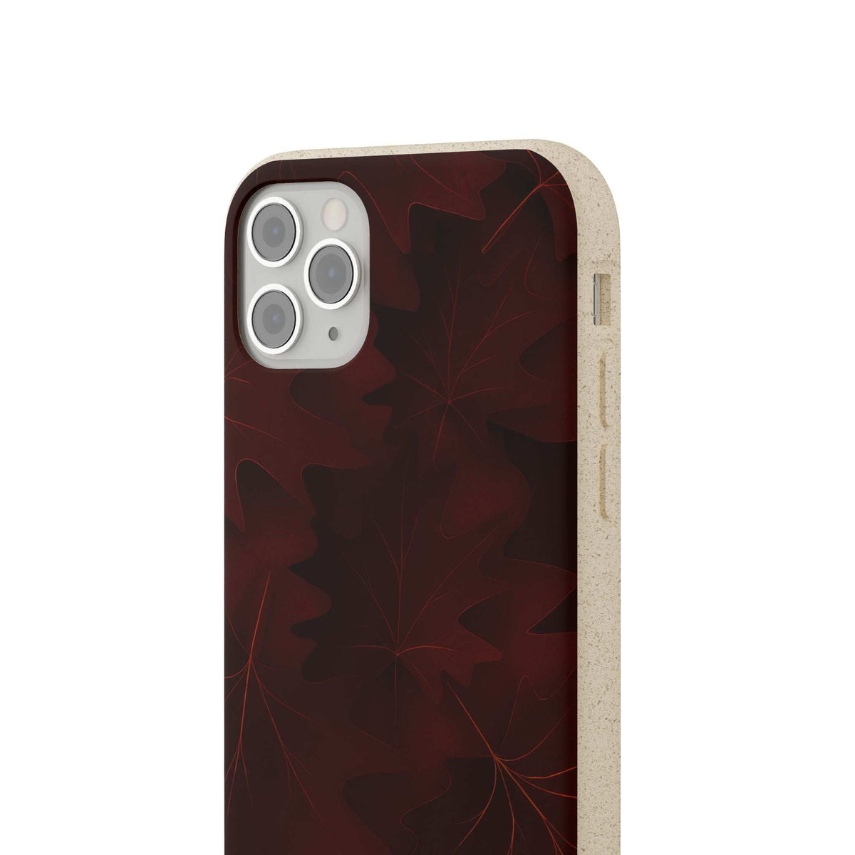 Burgundy phone case with dark leaf pattern, slim profile, beige side accents