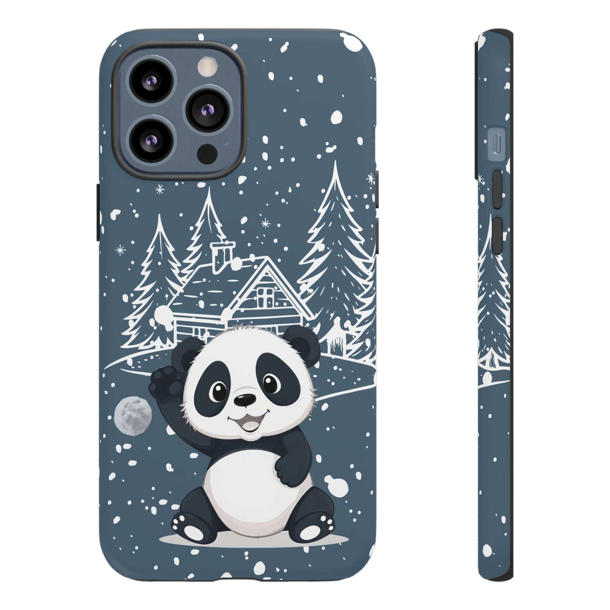 Dark blue panda winter phone case with panda face and snowy cabin illustration