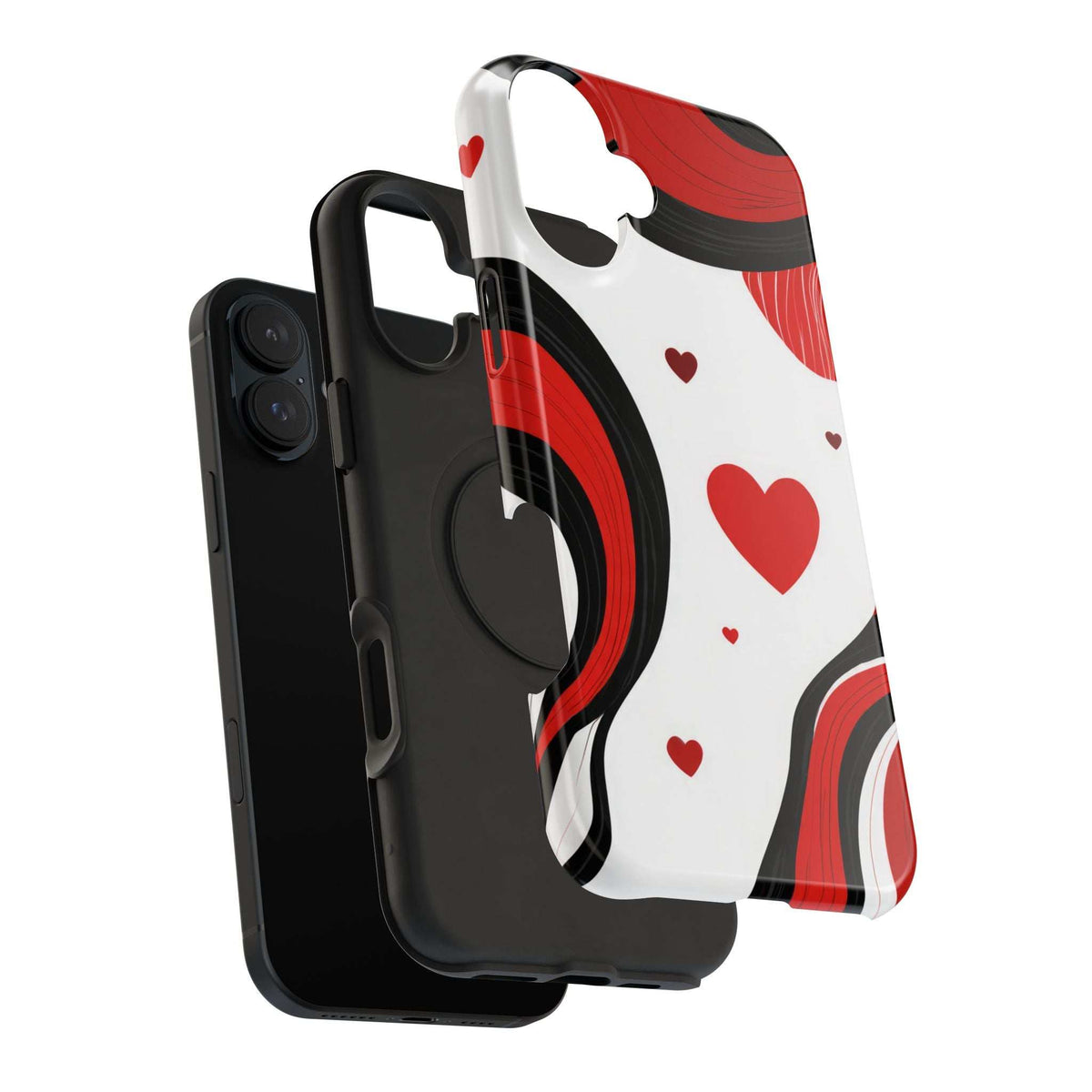 Phone case with secure grip and red heart pattern on white, black accents around corners