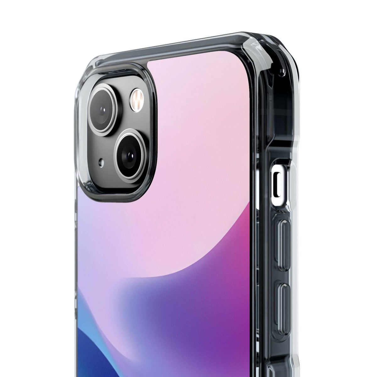 Transparent edge pastel wave phone case with raised camera module and cutouts.