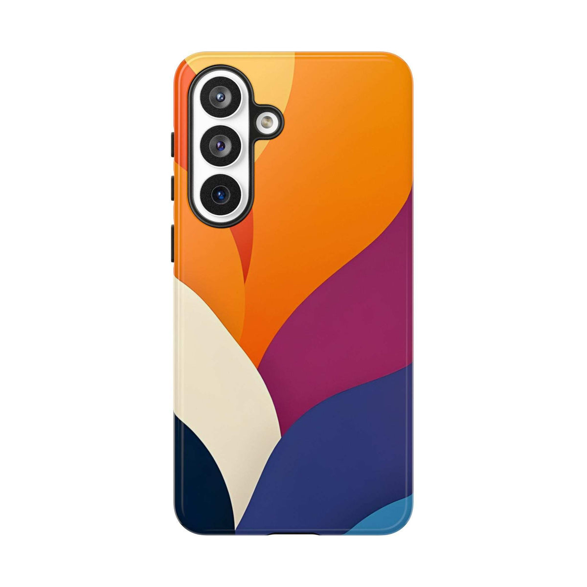 Abstract phone case with orange upper curve, magenta middle, and navy lower pattern with lens cutout.