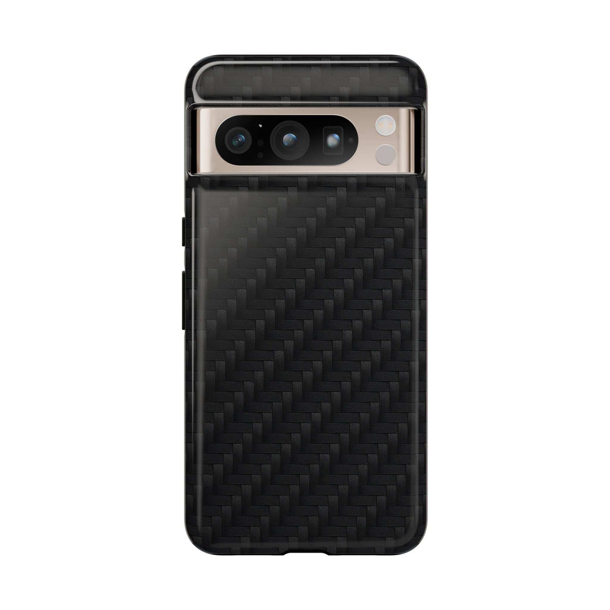 Black carbon fiber phone case front with camera cutouts and textured backing, side not shown.