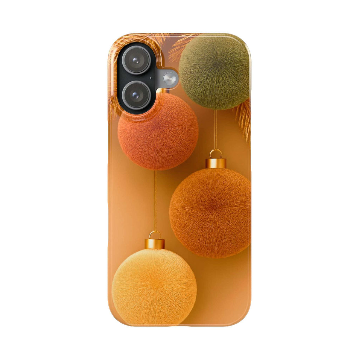 Phone case with orange pom-poms, gold baubles, and green fuzzy ornament around the camera area