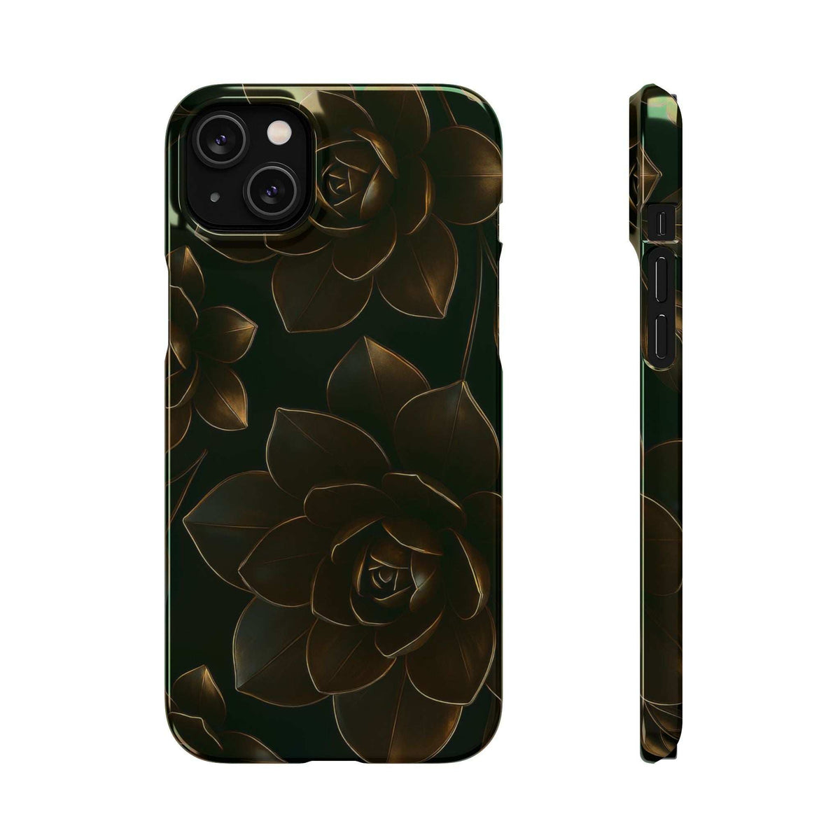 Glossy black phone case with gold rose and leaf metal-flower design, side profile