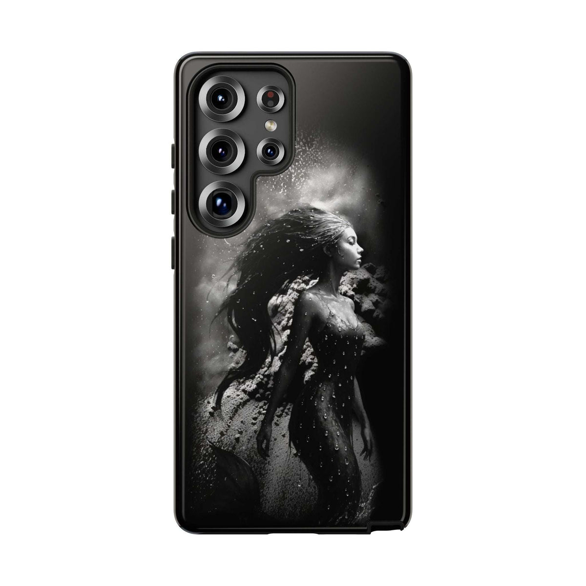 Black mermaid-themed phone case with quad-camera cutout