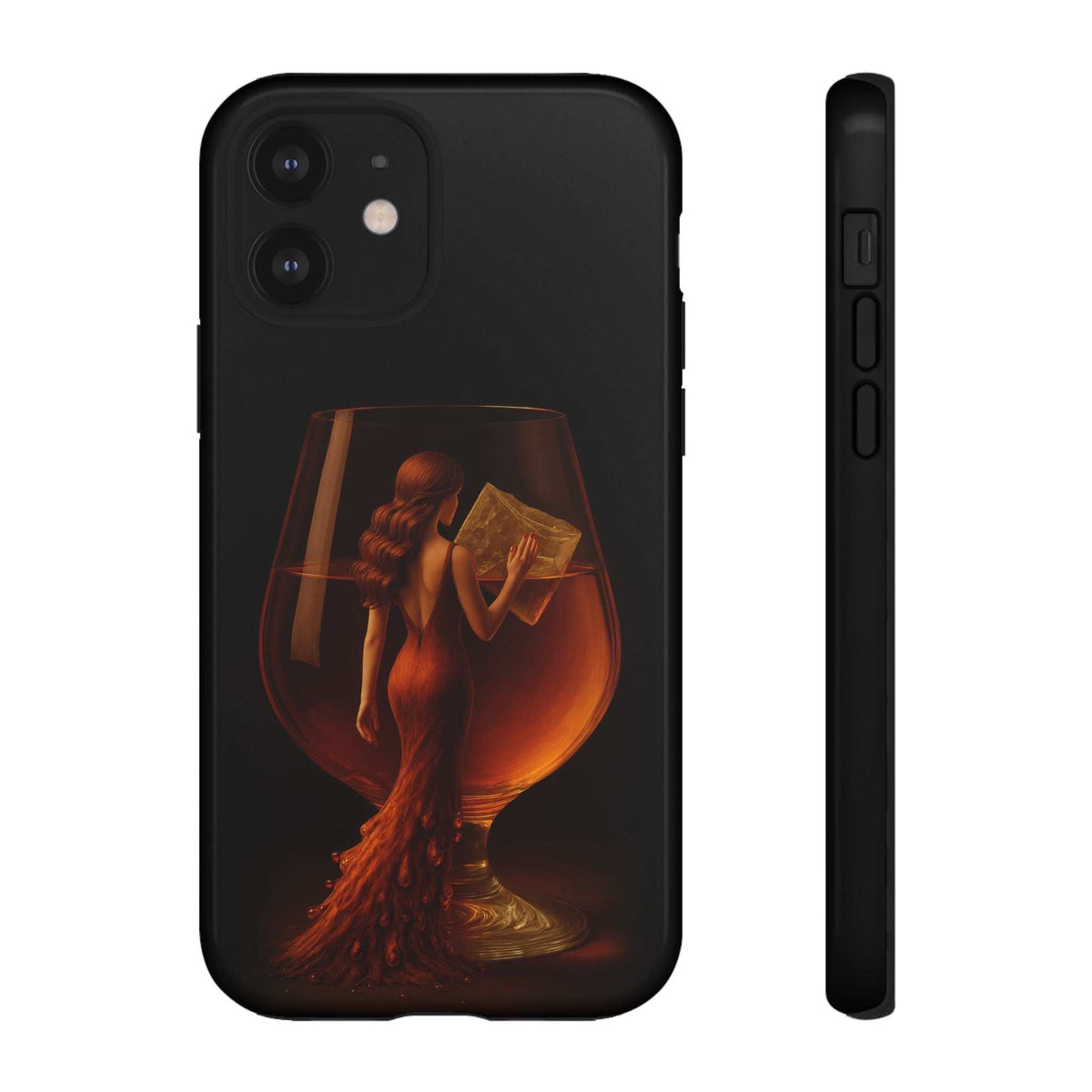 Glossy black phone case with centered figure and goblet graphic; front and side shown
