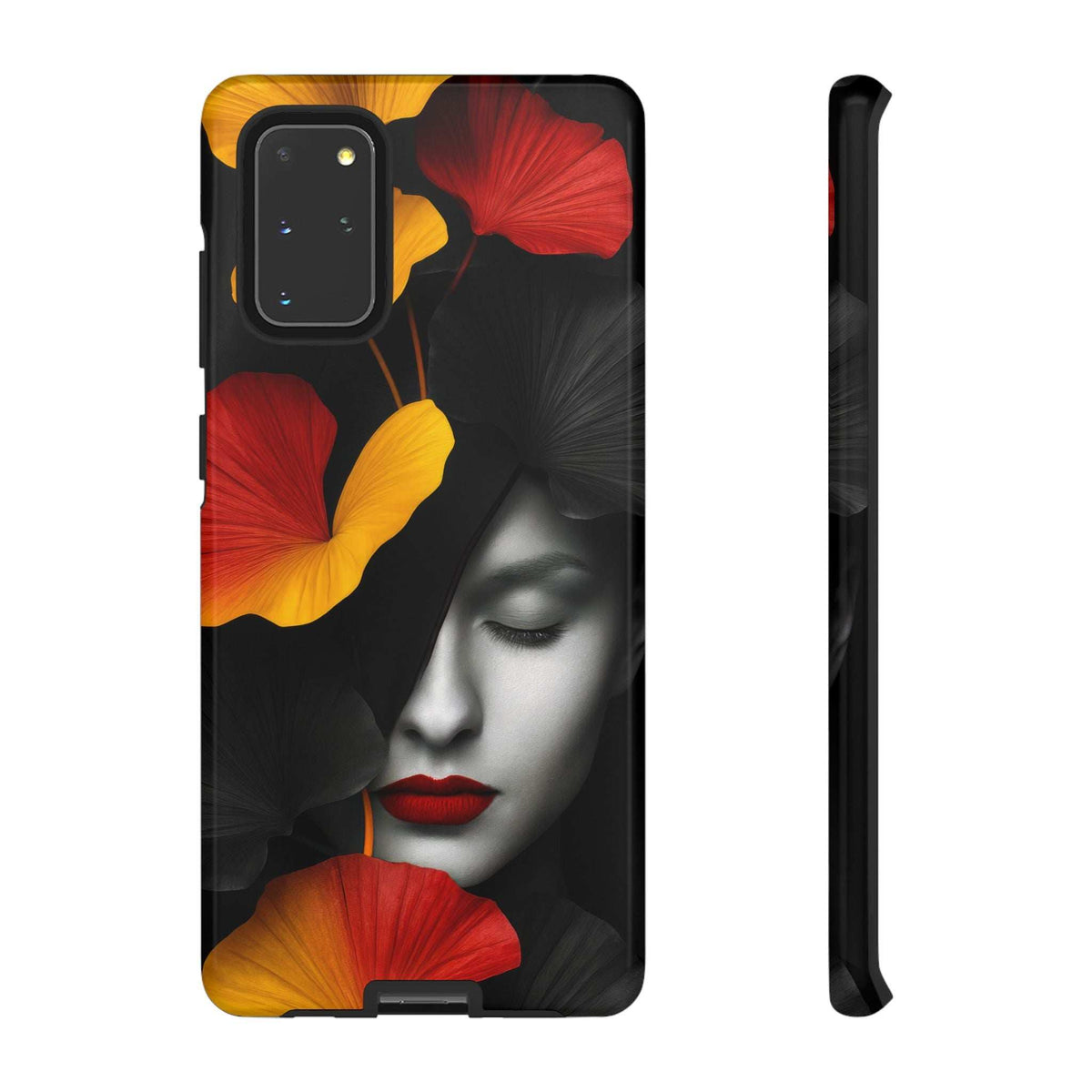 Glossy black phone case with floral face artwork and camera cutout.