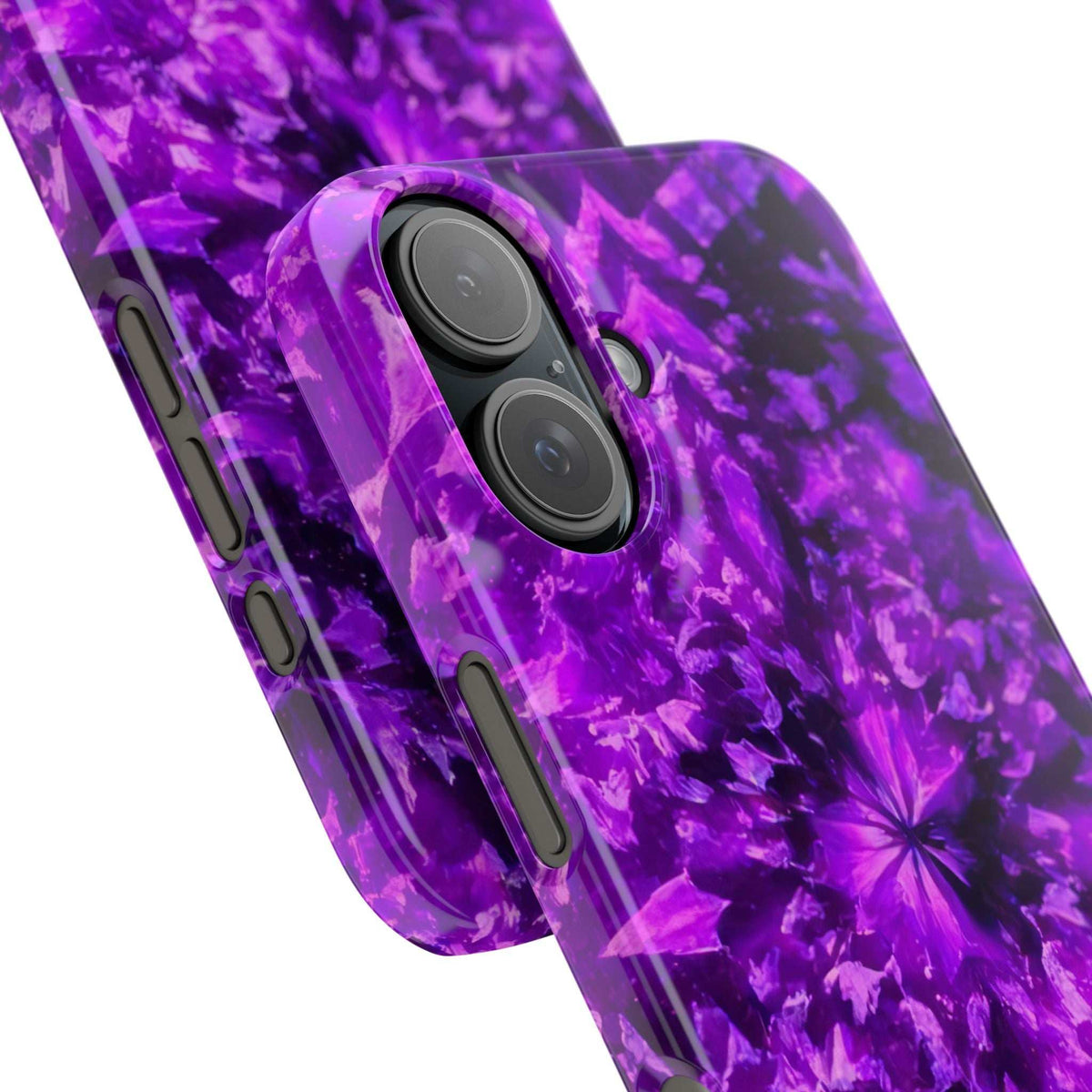 Purple kaleidoscope phone case with raised camera cutouts and side buttons