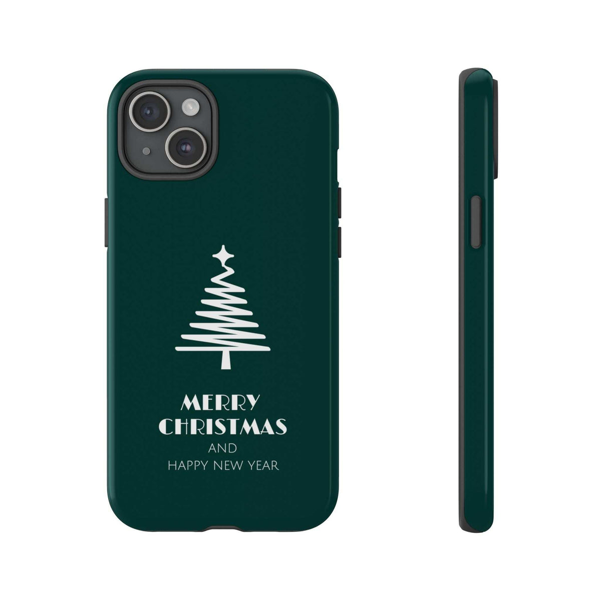 Dark green glossy phone case with Christmas tree and 'Merry Christmas' text; side profile