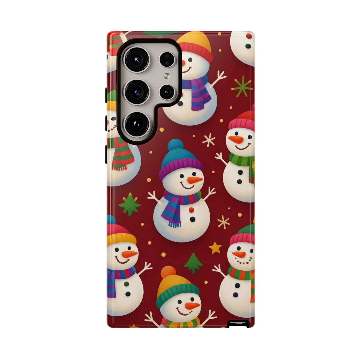 Glossy phone case with festive snowmen parade pattern for iPhone and Galaxy, camera cutouts