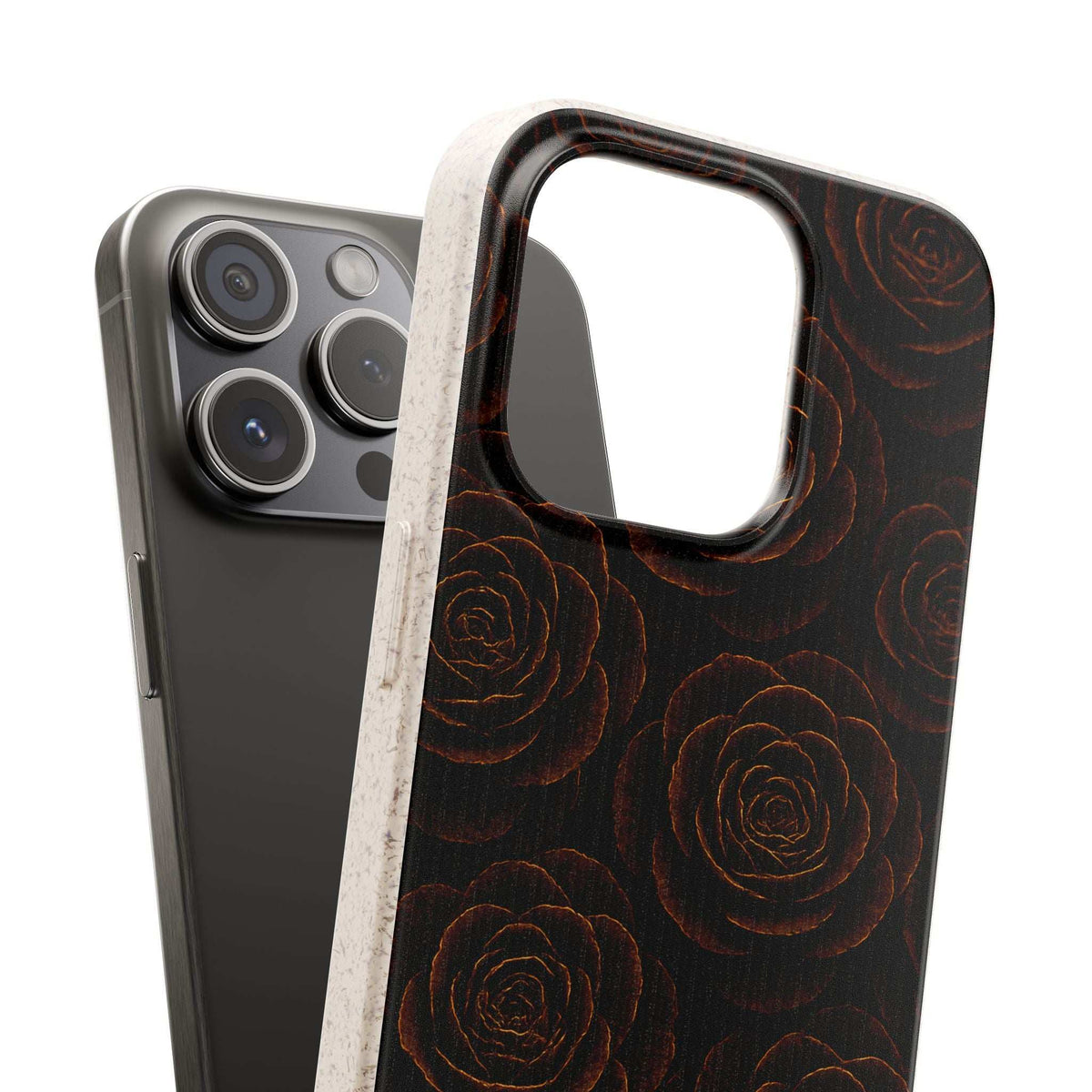 Rose-pattern phone case with dark wood-look finish and camera cutout