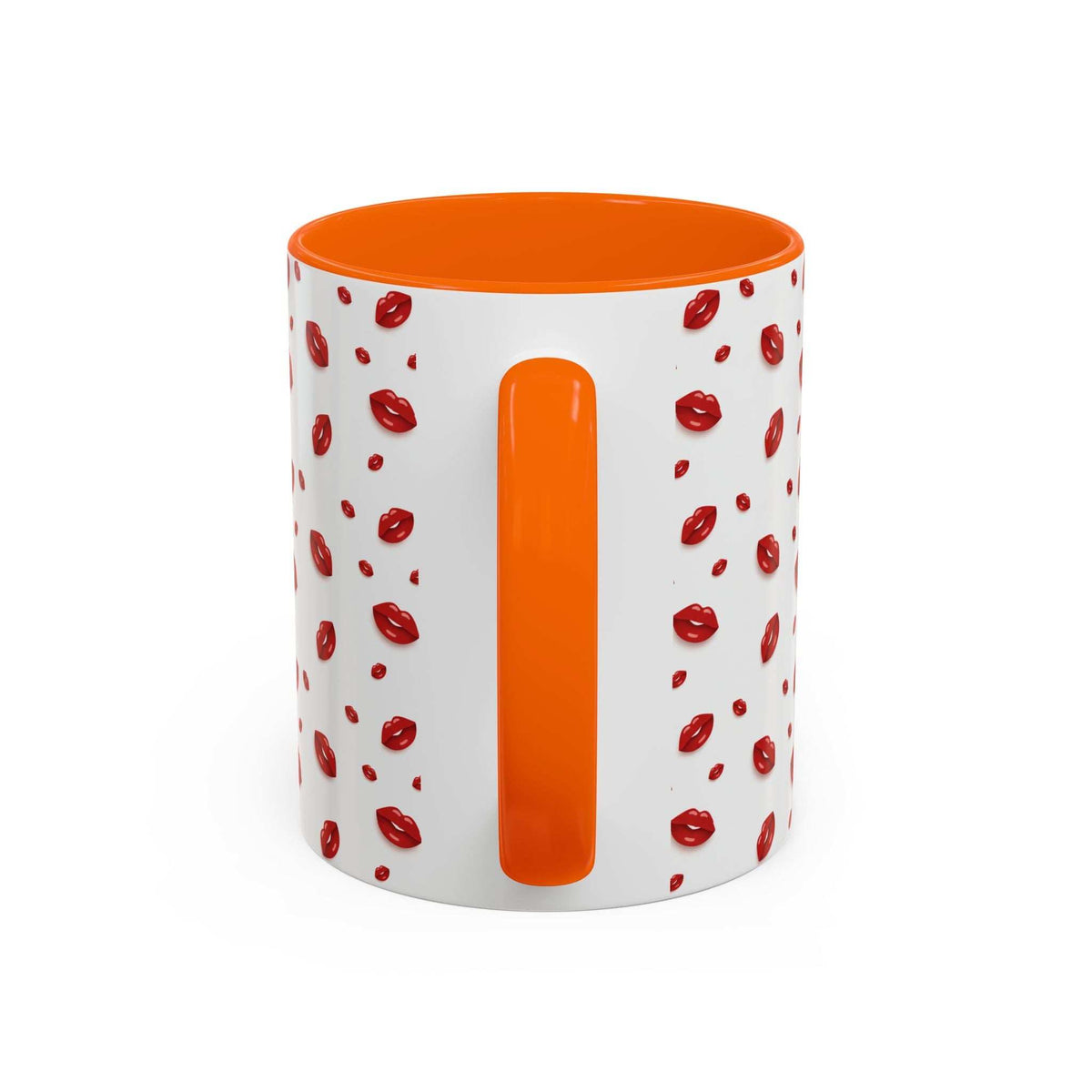 Orange-accent coffee mug with red lips pattern and vertical orange accent panel