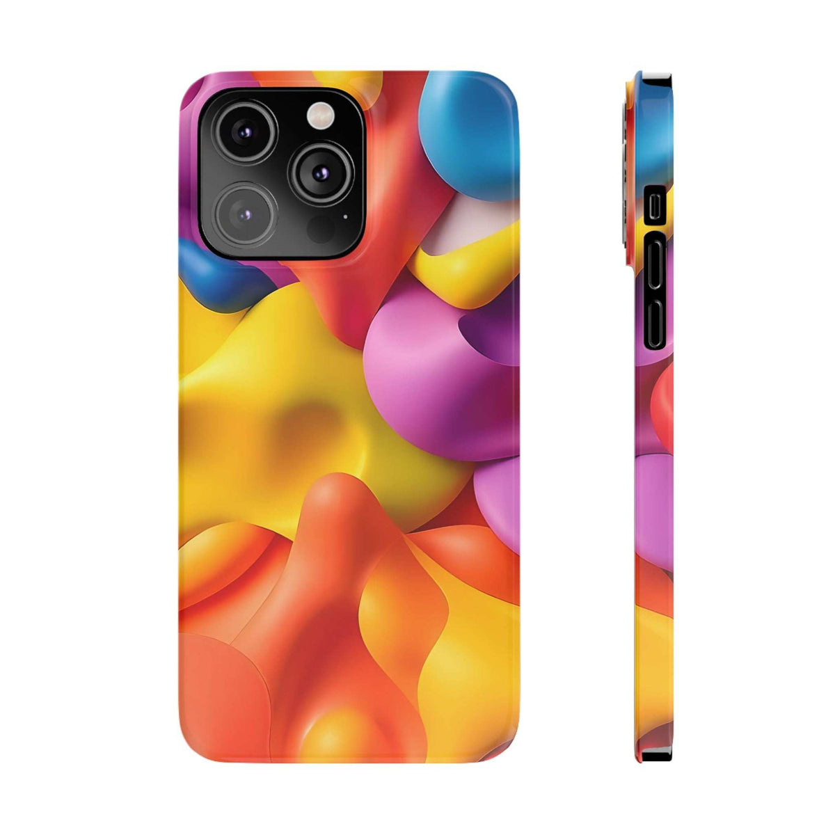 Multicolor abstract phone case showing camera cutouts and side ports
