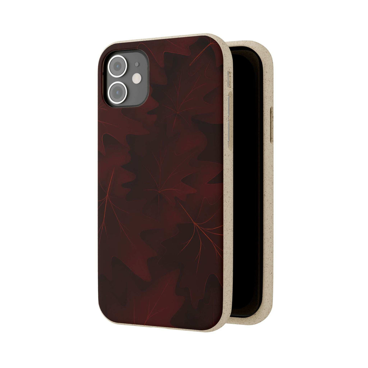 Maroon leaf-pattern phone case with light beige bumper edges and camera cutout