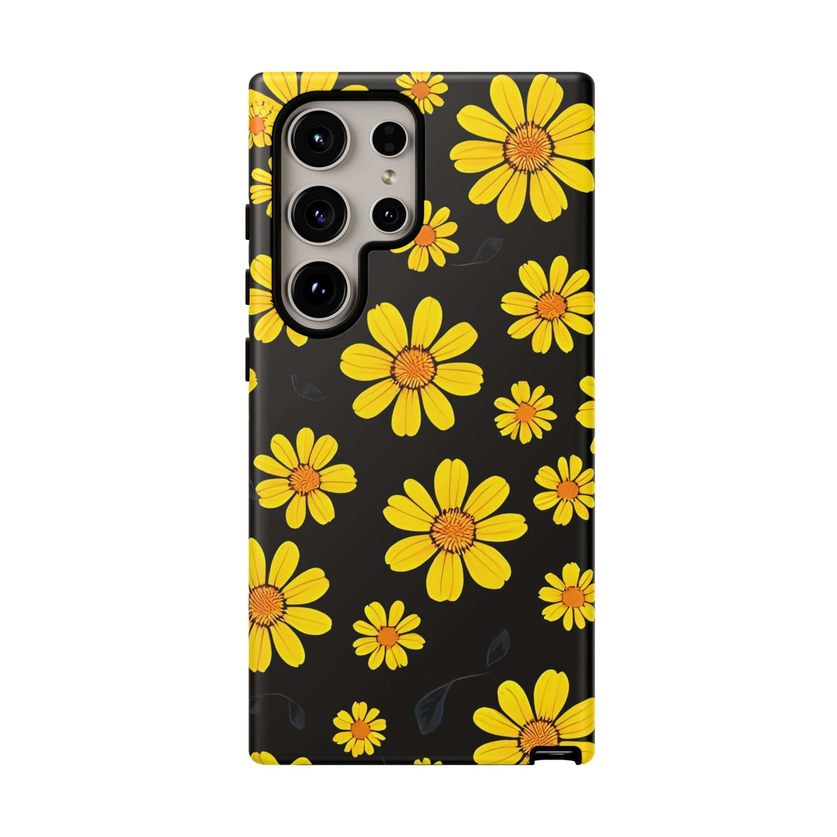 Yellow daisy floral phone case on black background with camera cutouts and bottom edge detail