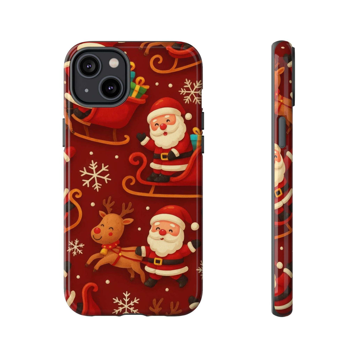 Christmas Santa and reindeer sleigh phone case with snowflakes, glossy finish, side profile