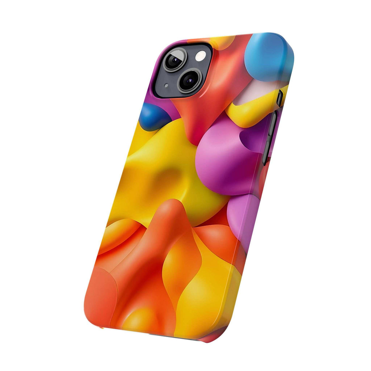 Colorful abstract phone case with camera cutouts, glossy finish, angled side view