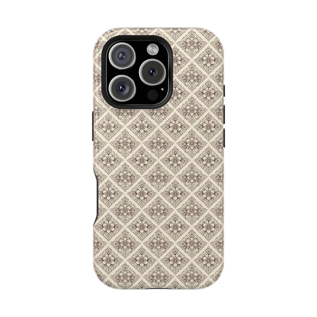 Beige ornate patterned phone case with raised edge and cutouts for camera and ports