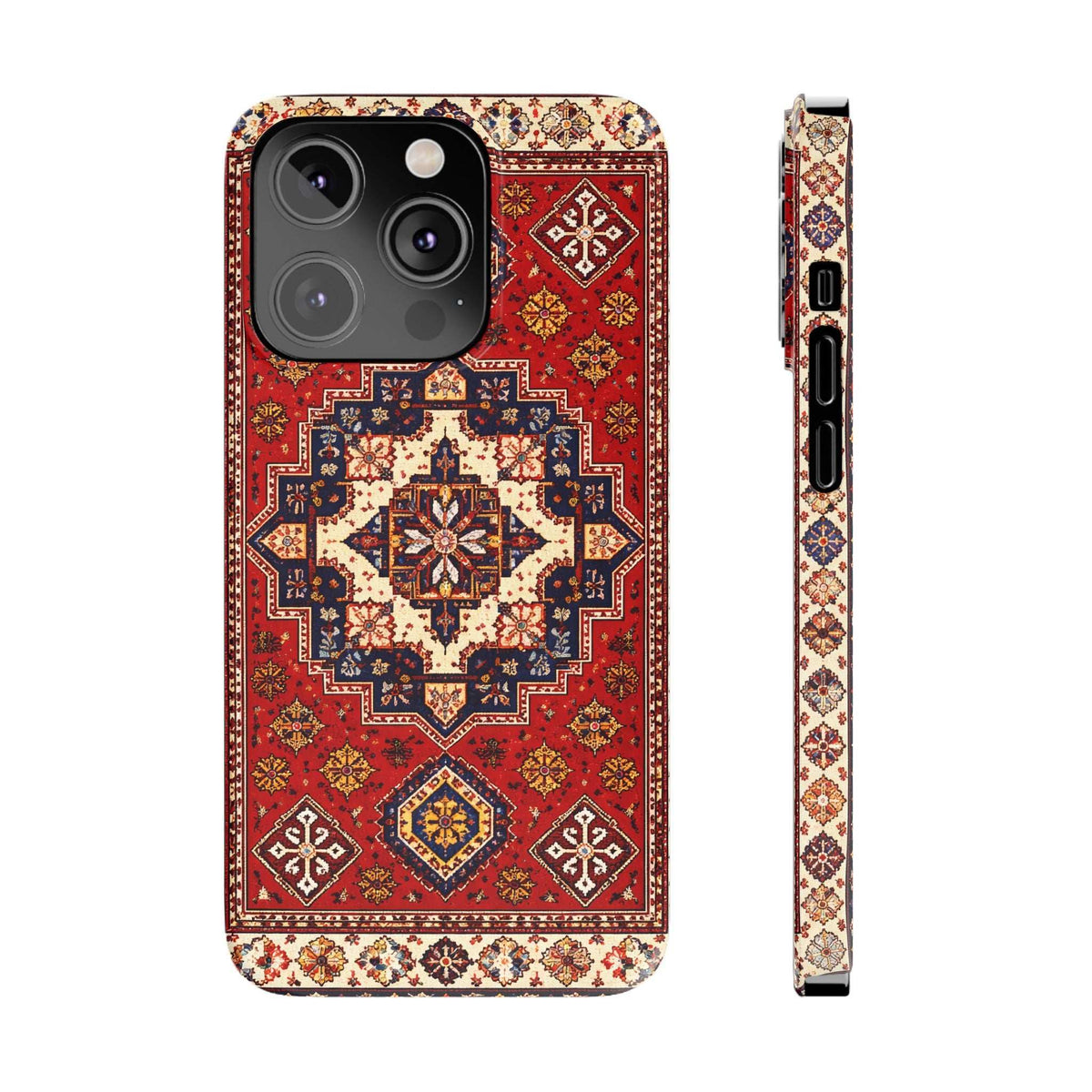 Phone case with red and navy carpet medallion pattern; front camera cutouts and side